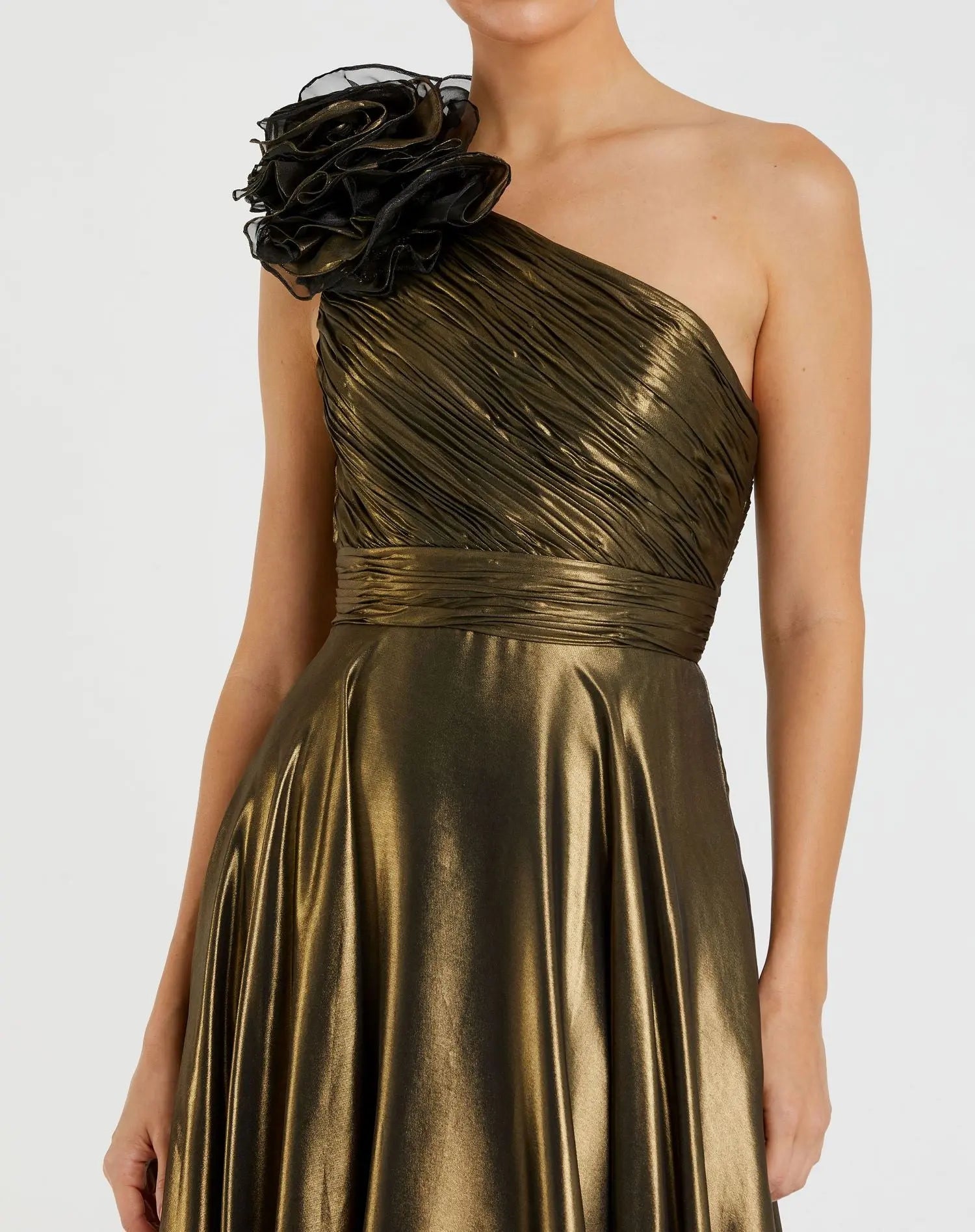 Rosette One Shoulder Tea Length Dress - Gold