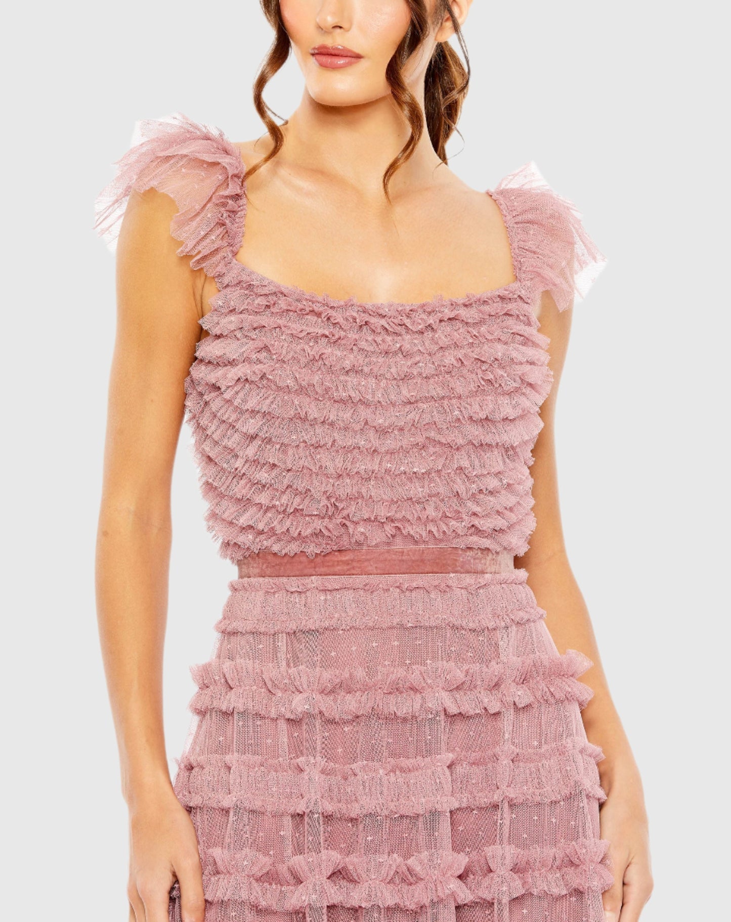 Ruffle Cap Sleeve Tiered Ruffle Gown - Antique Rose