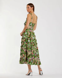Ruffle Floral Square Neck Midi Dress - Green