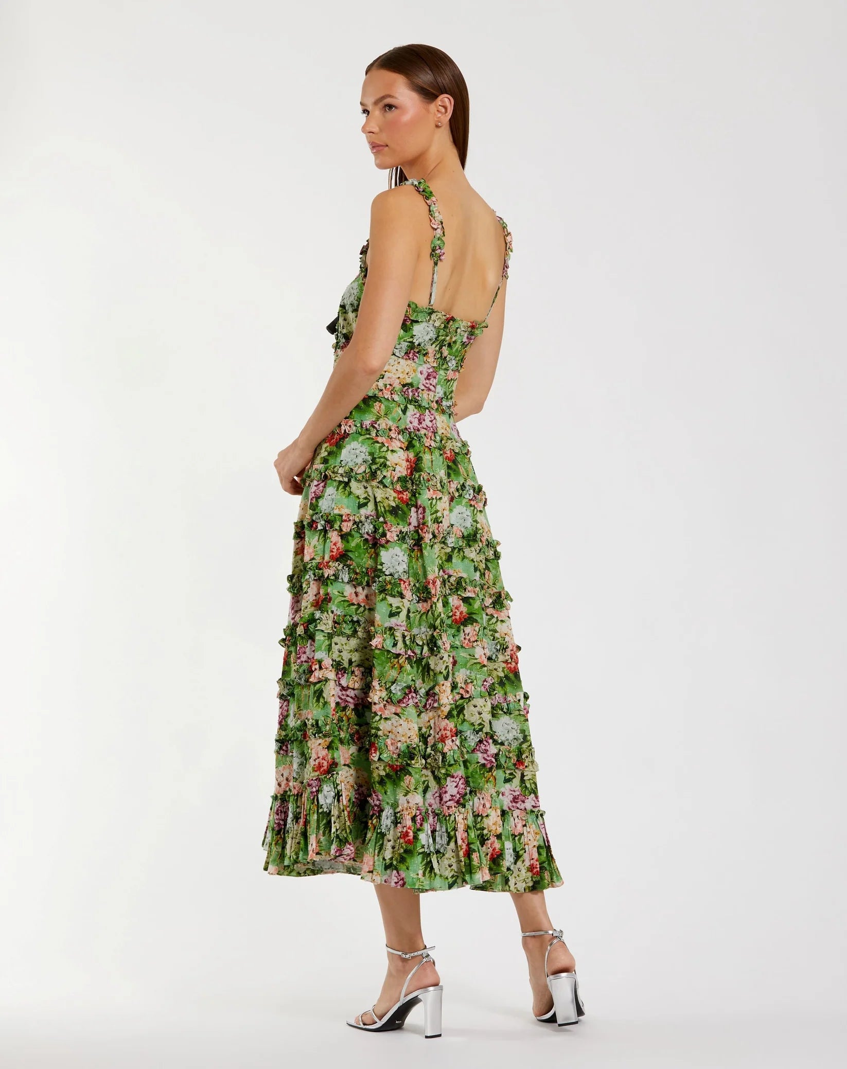 Ruffle Floral Square Neck Midi Dress - Green