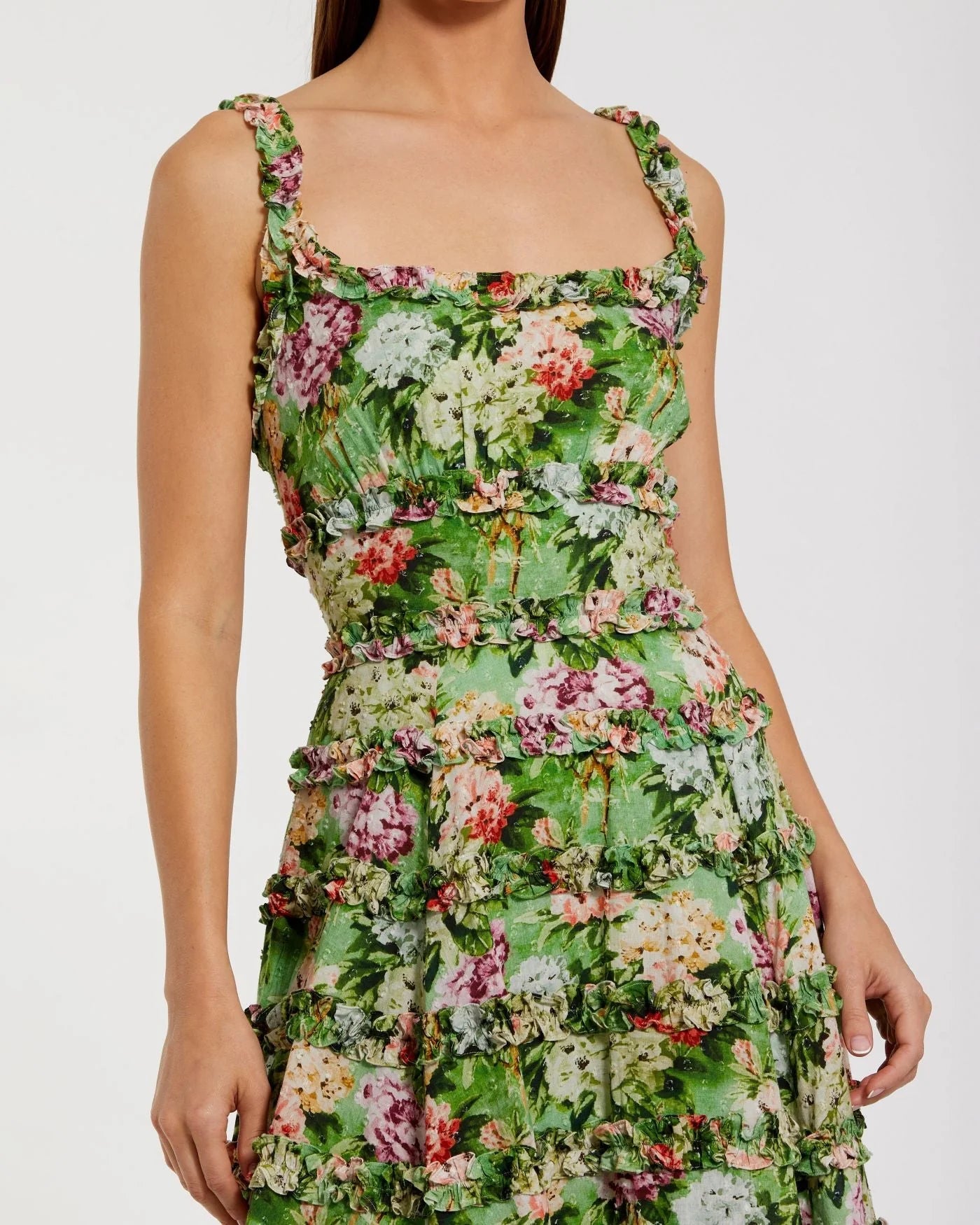 Ruffle Floral Square Neck Midi Dress - Green