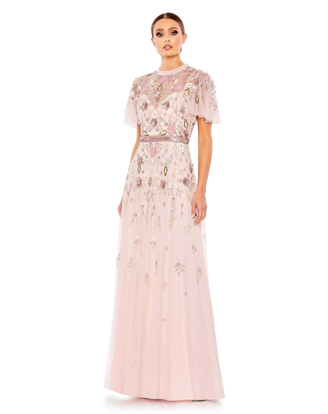 mac duggal, EMBELLISHED HIGH NECK BUTTERFLY SLEEVE GOWN, silver peony, Style #9136