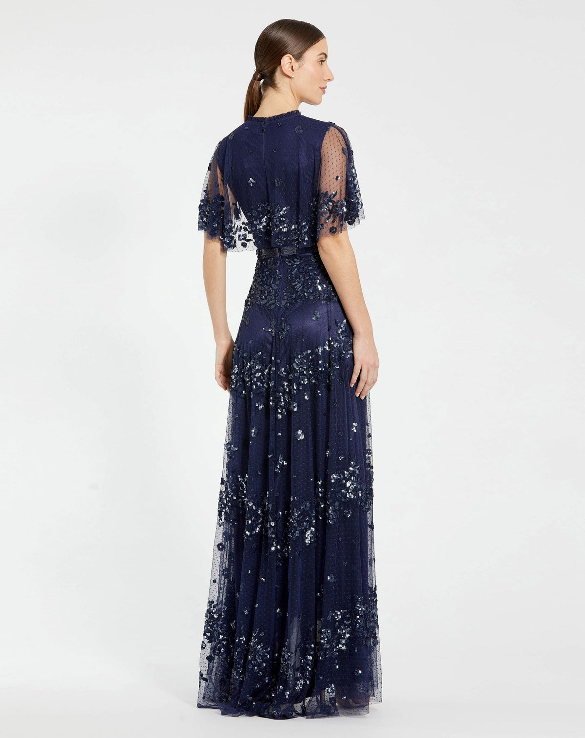 Sequined High Neck Flutter Sleeve A Line Gown - Powder Blue