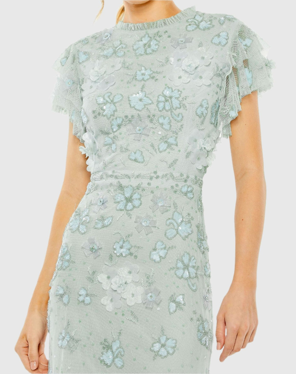 Floral Embellished High Neck Flutter Sleeve Gown - Periwinkle