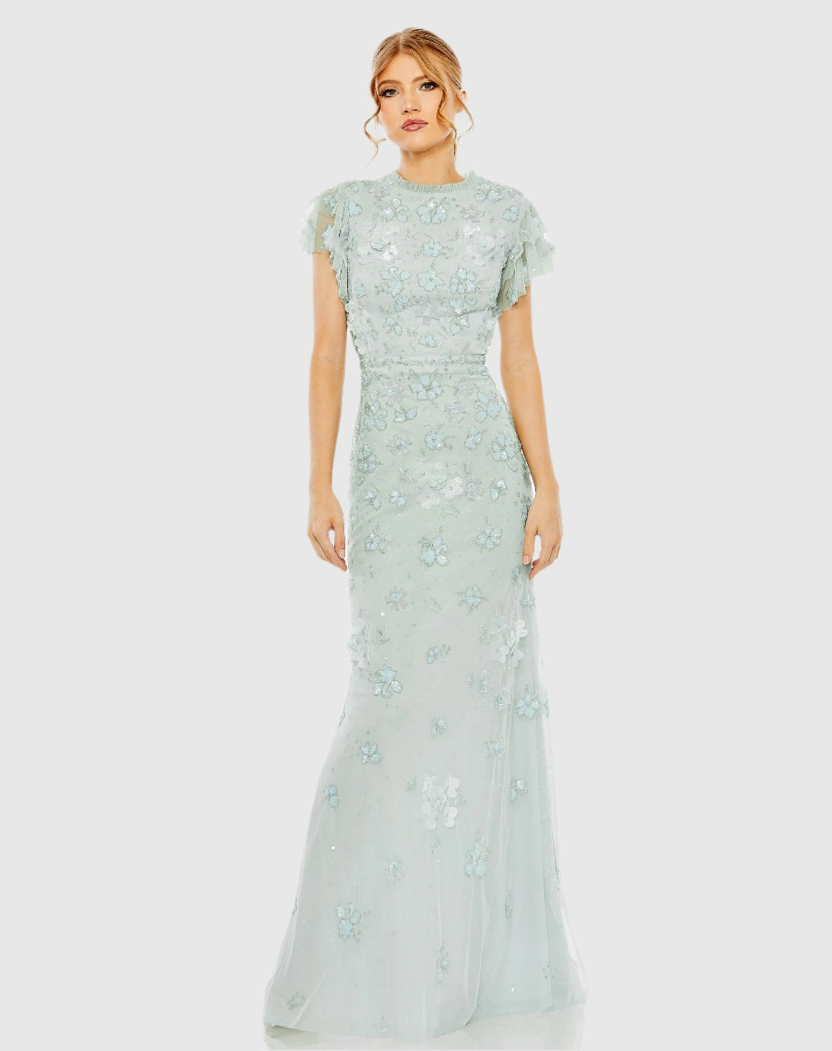Mac Duggal Floral Embellished High Neck Flutter Sleeve Gown Periwinkle Blue #9206 Bridesmaids Dress |