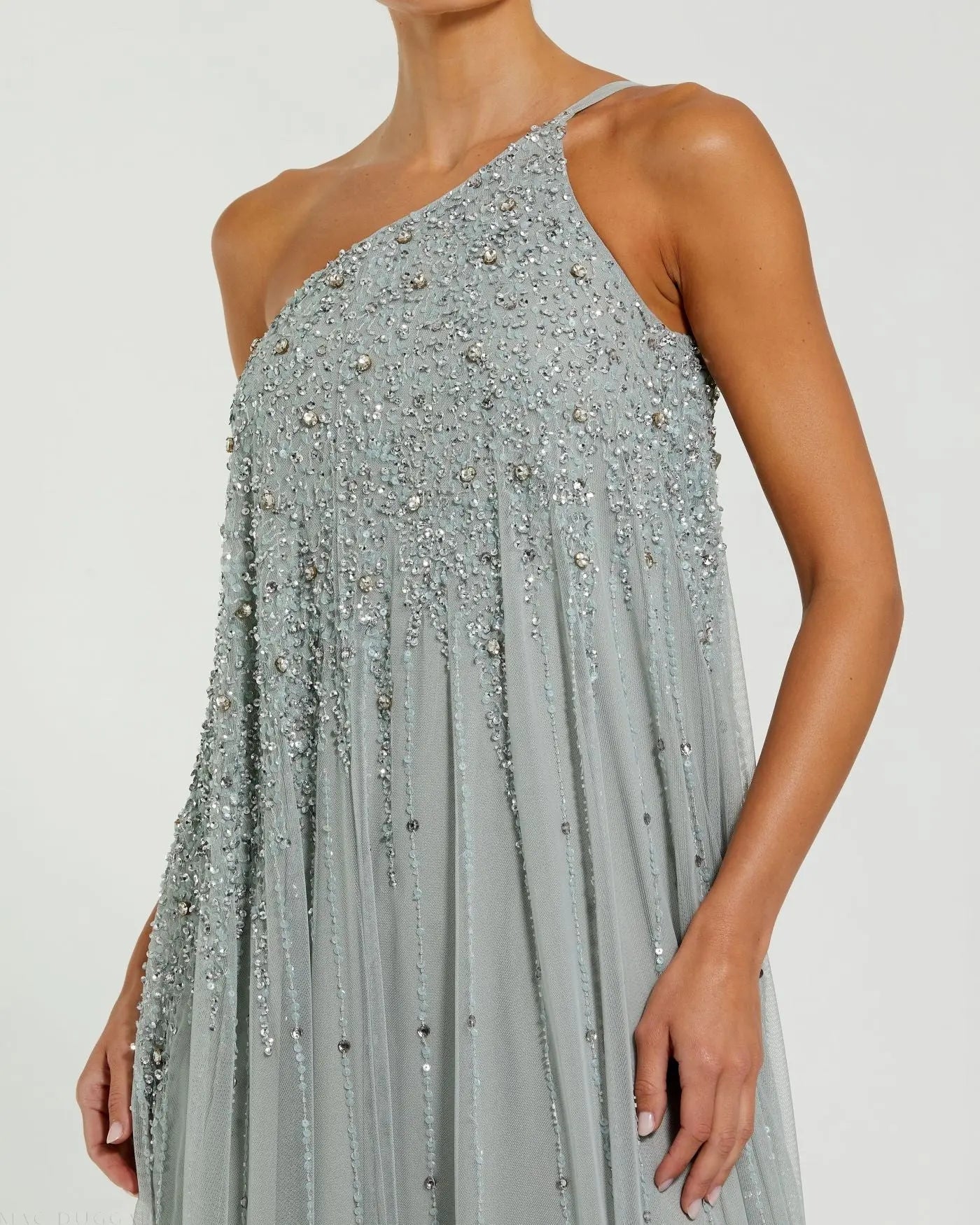 One Shoulder Embellished Trapeze Gown - Sage