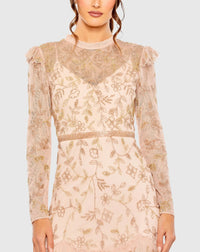 High neck flutter cap long sleeve tiered embellished gown - Blush