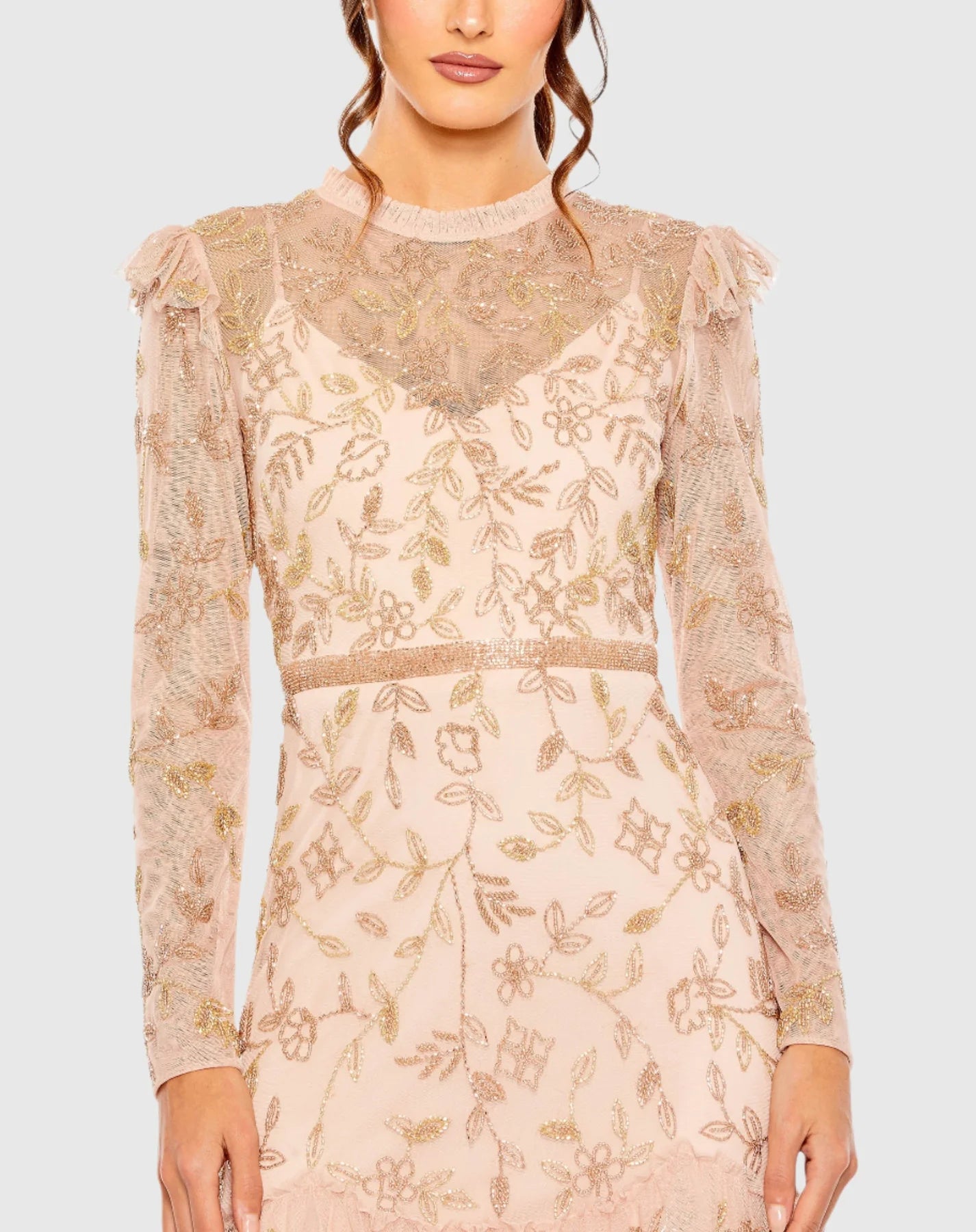High neck flutter cap long sleeve tiered embellished gown - Blush