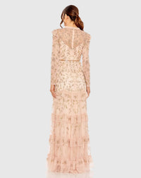 High neck flutter cap long sleeve tiered embellished gown - Blush