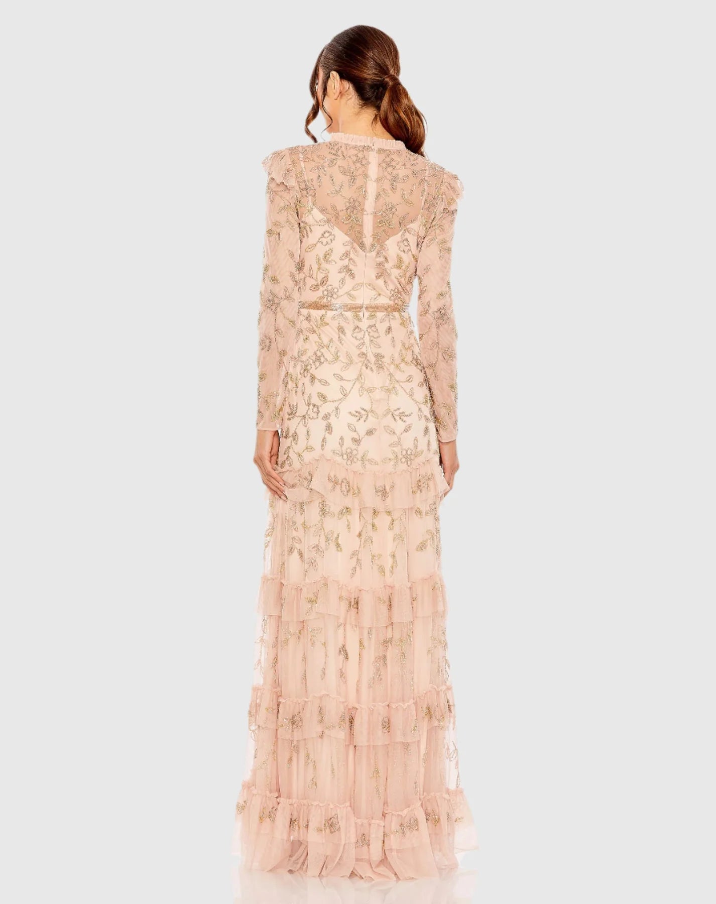High neck flutter cap long sleeve tiered embellished gown - Blush