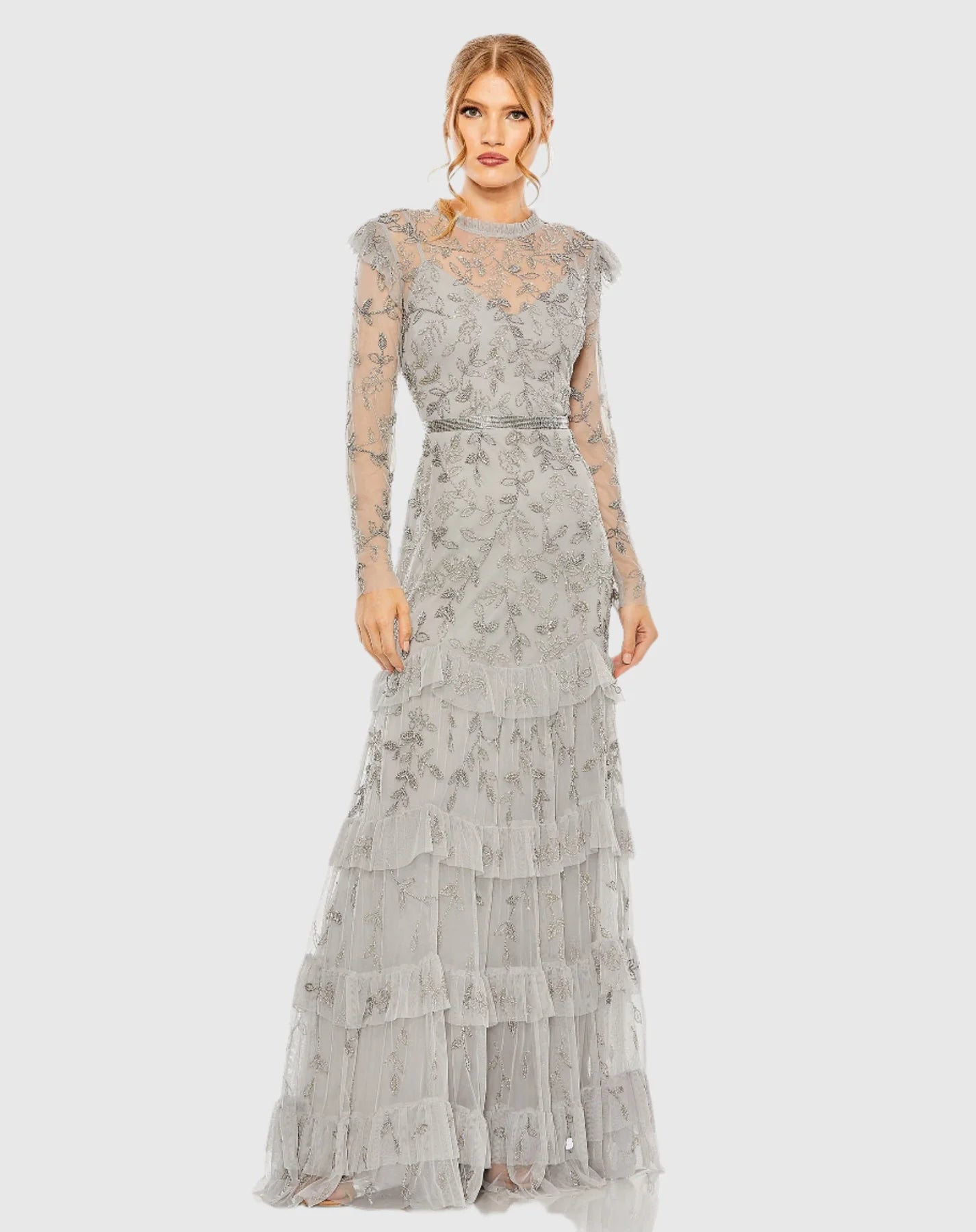 Mac Duggal, High neck flutter cap long sleeve tiered embellished gown #9237