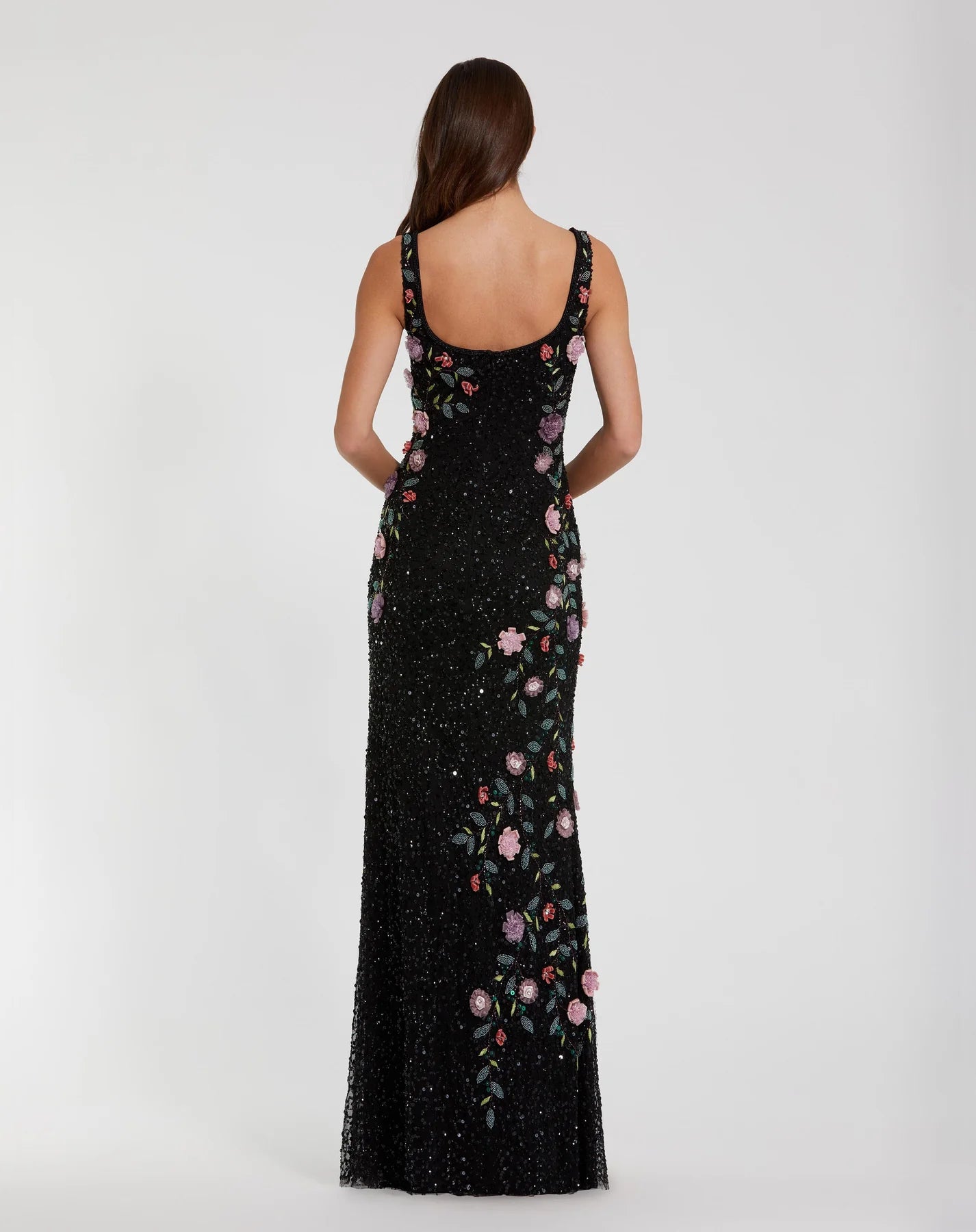 Floral Beaded Mesh Scoop Neck Sleeveless Gown - Black