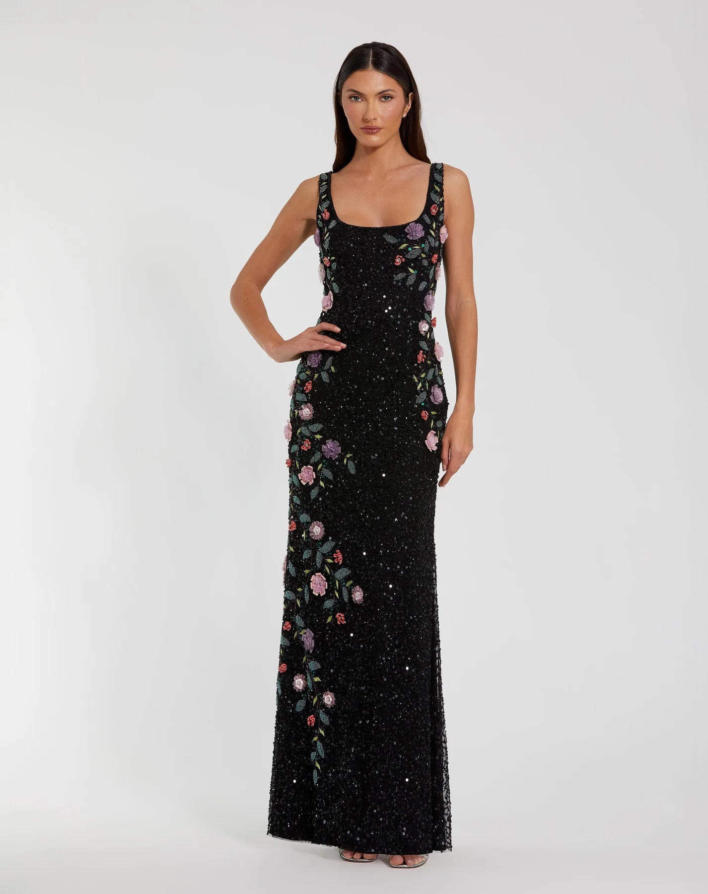 Mac Duggal #9340 Black Floral Beaded Mesh Scoop Neck Sleeveless Gown