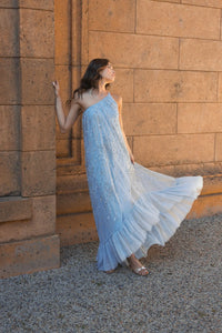 Bow Embellished Mesh One Shoulder High Low Gown - Powder Blue