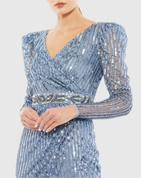 Sequin Puff Long Sleeve Gown - Sky Blue