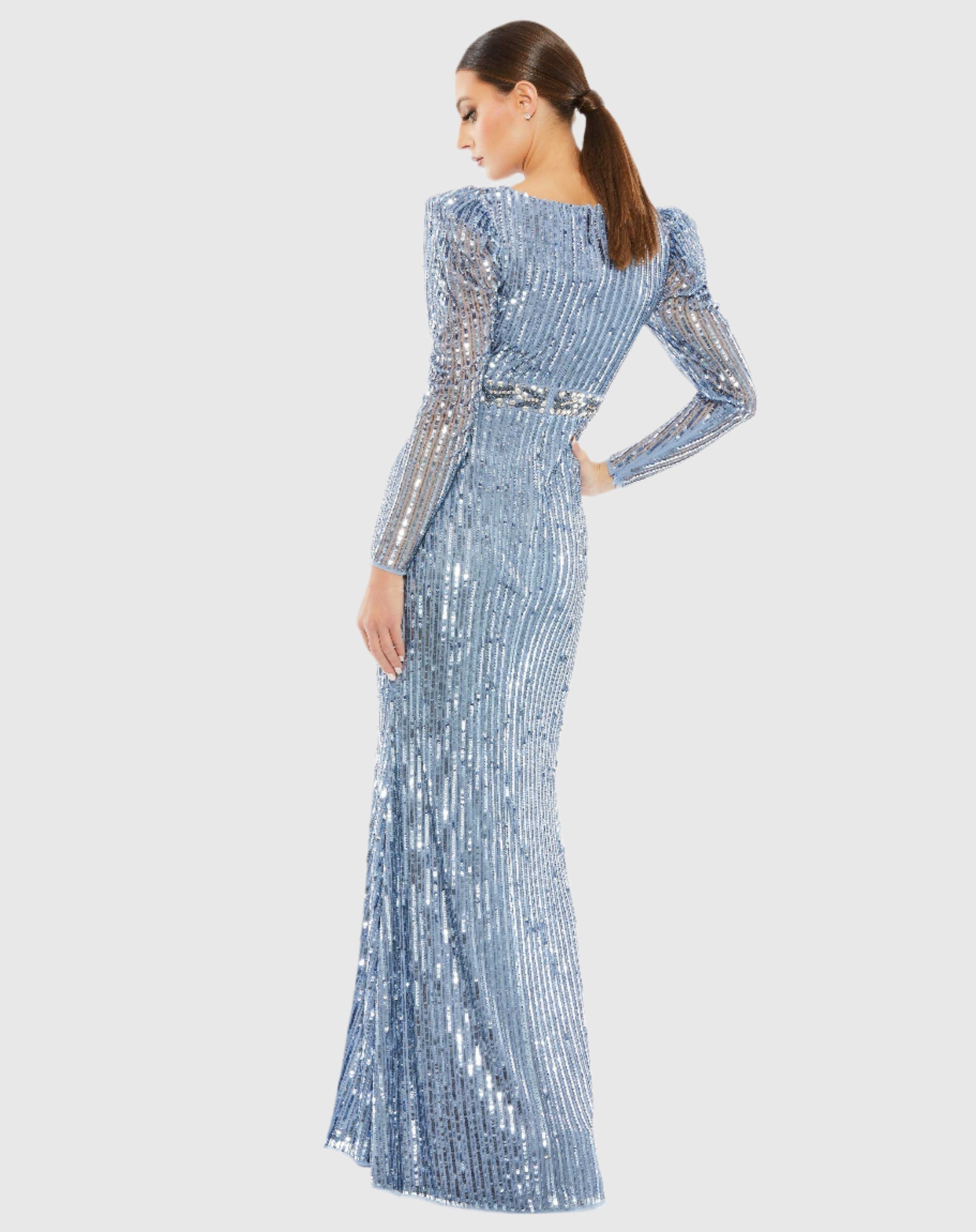 Sequin Puff Long Sleeve Gown - Sky Blue