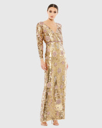 Mac Duggal, Embellished wrap over long sleeve column gown - Gold #93615