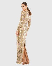 Embellished wrap over long sleeve column gown - Gold