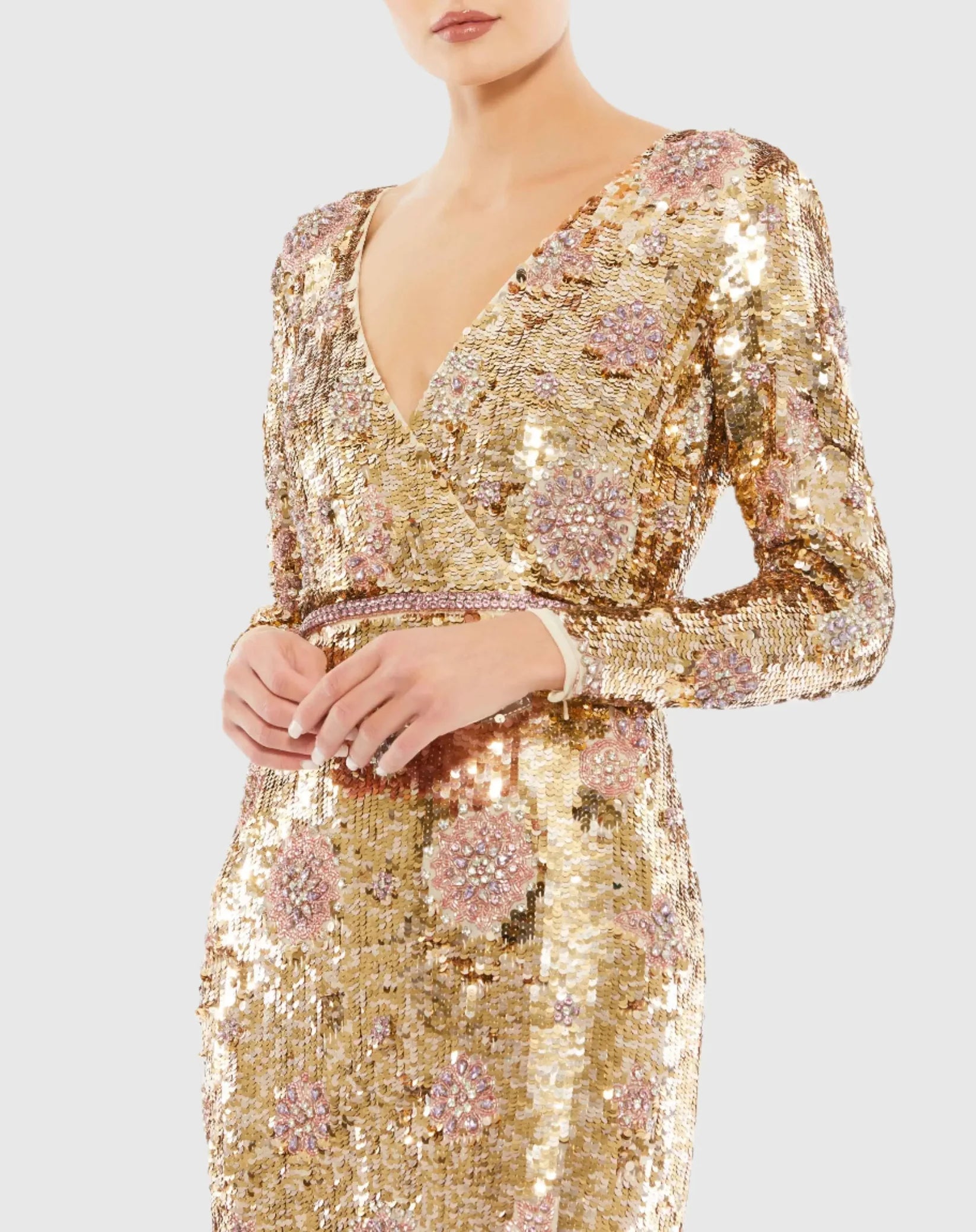 Embellished wrap over long sleeve column gown - Gold