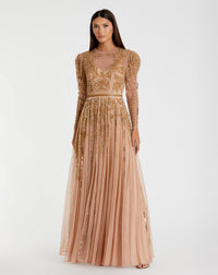 Mac Duggal, Beaded illusion puff sleeve gown - Gold  #93638