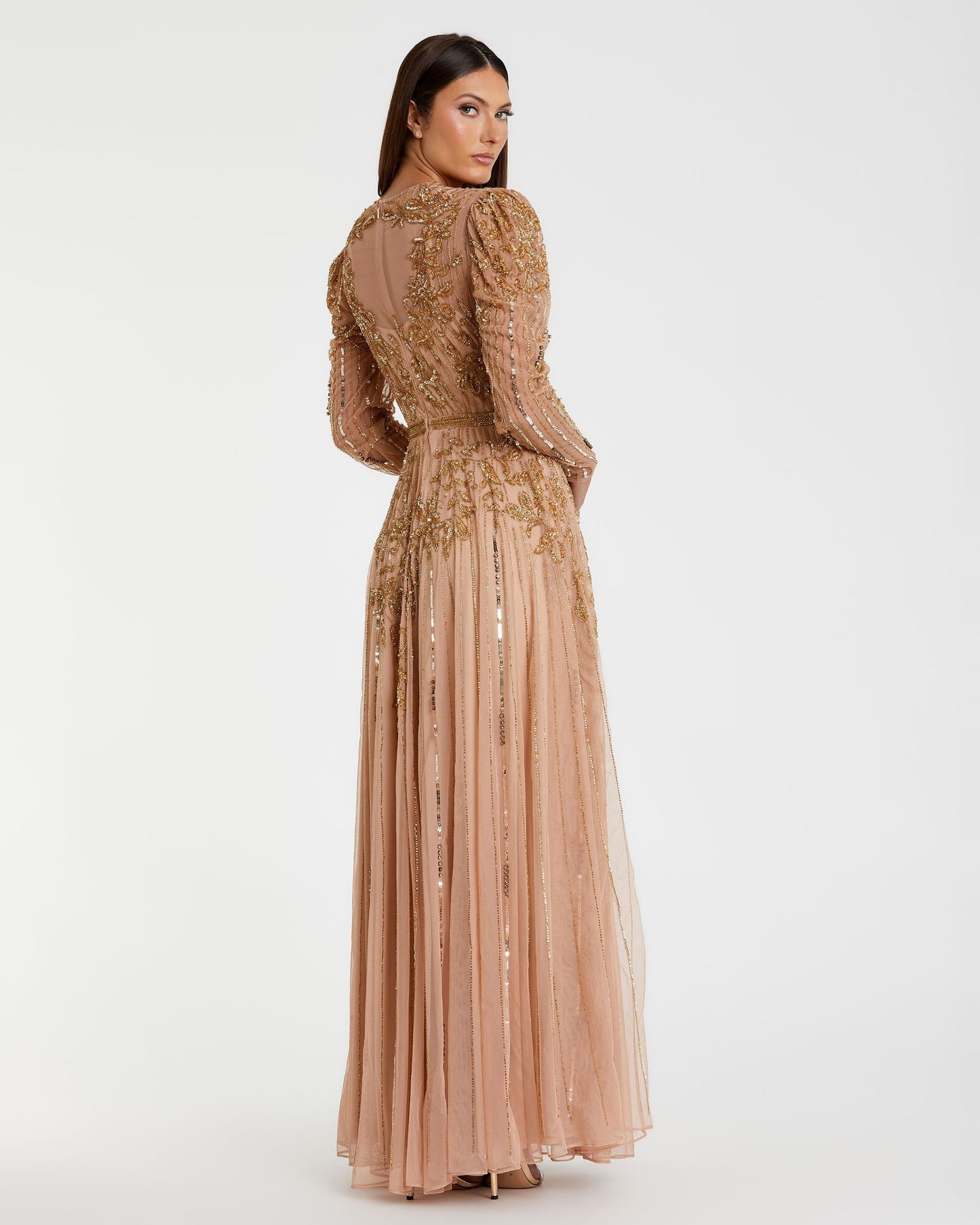 Beaded illusion puff sleeve gown - Gold