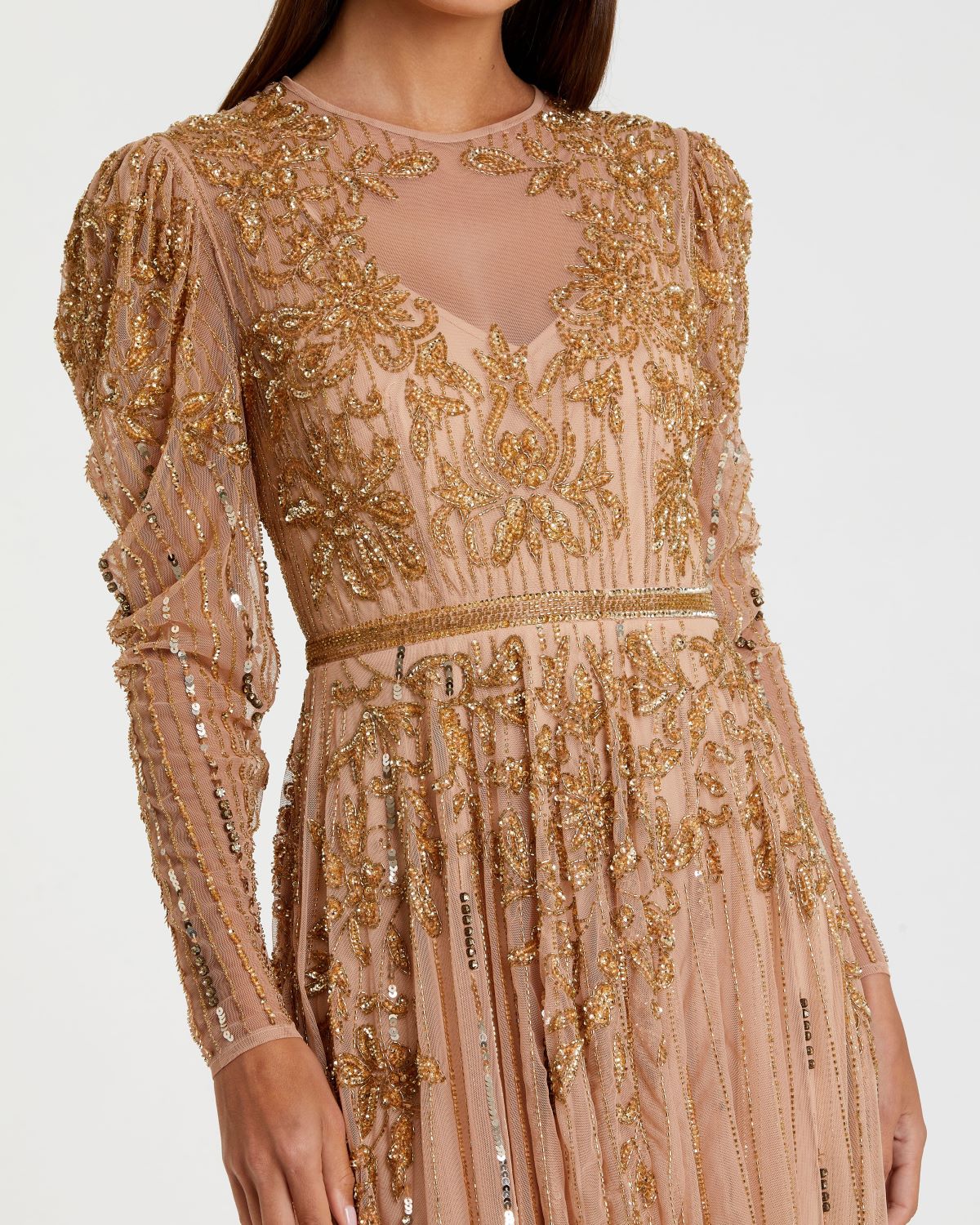Beaded illusion puff sleeve gown - Gold