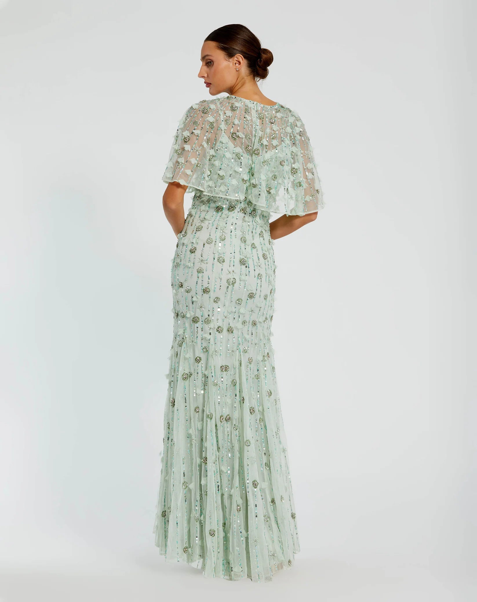 Embellished Cape Gown - Sage