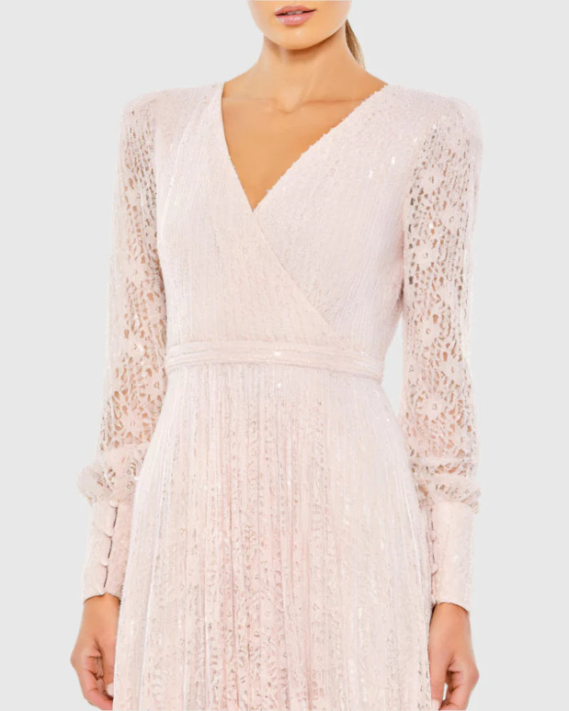Beaded Lace Long Sleeve Wrap Over Gown - Pink