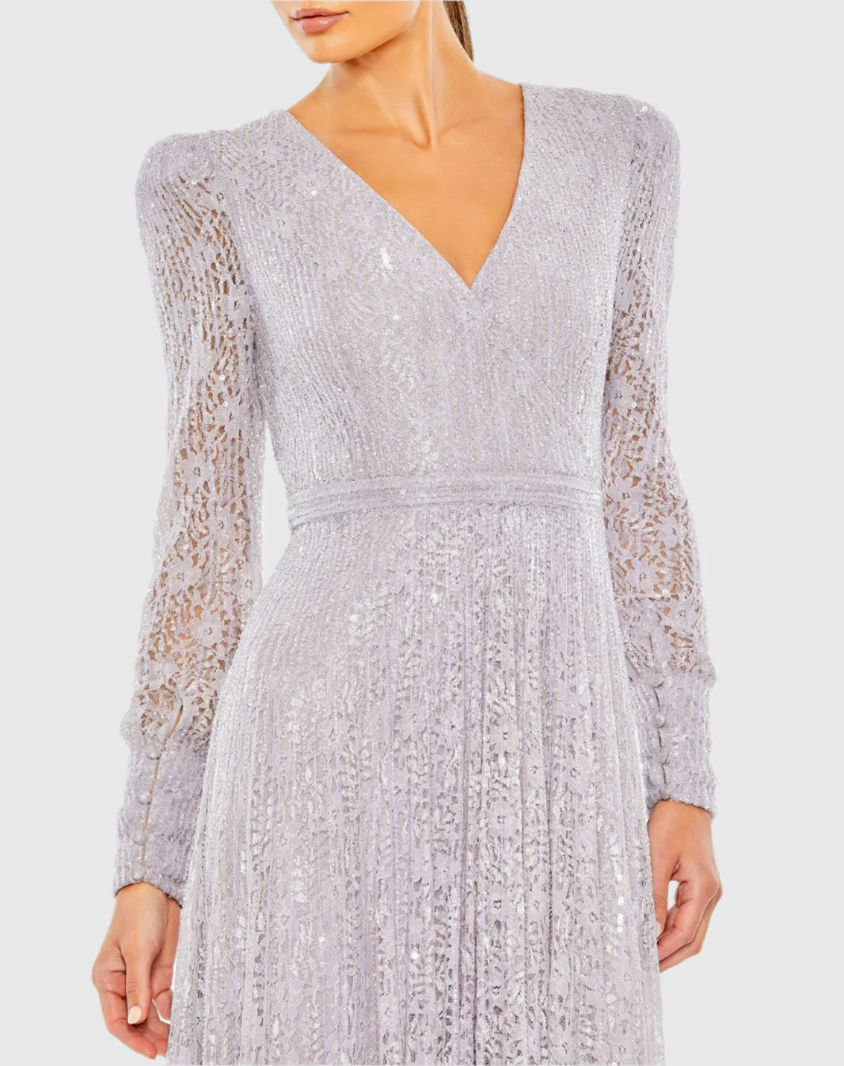 Beaded Lace Long Sleeve Wrap Over Gown - Pink