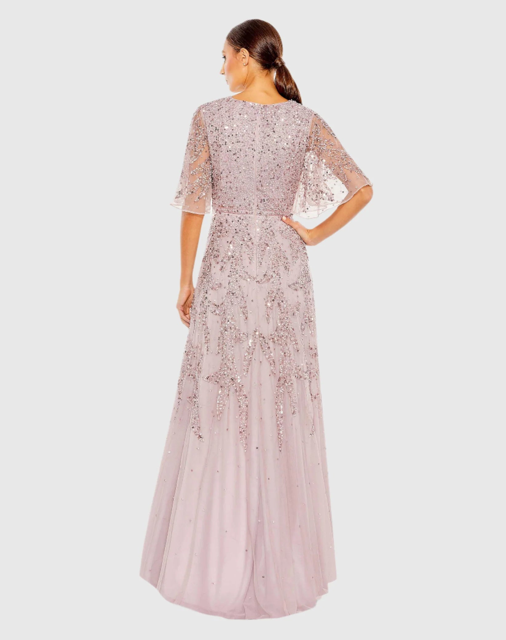 Sequined Butterfly Sleeve High Low Gown - Lilac