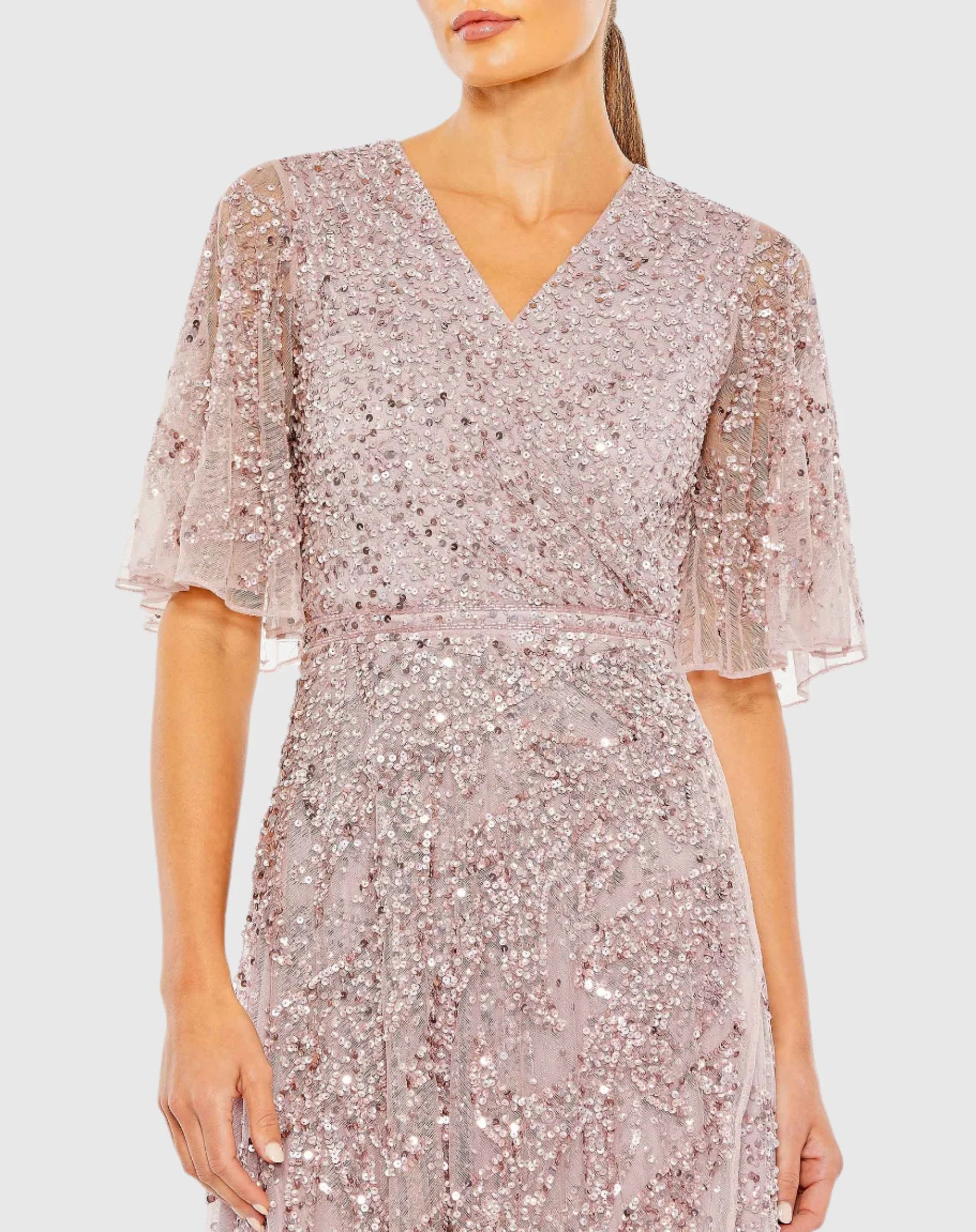Sequined Butterfly Sleeve High Low Gown - Lilac