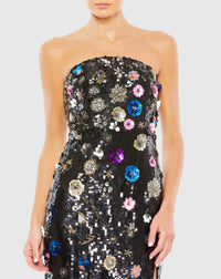 Floral sequin strapless column gown - Black