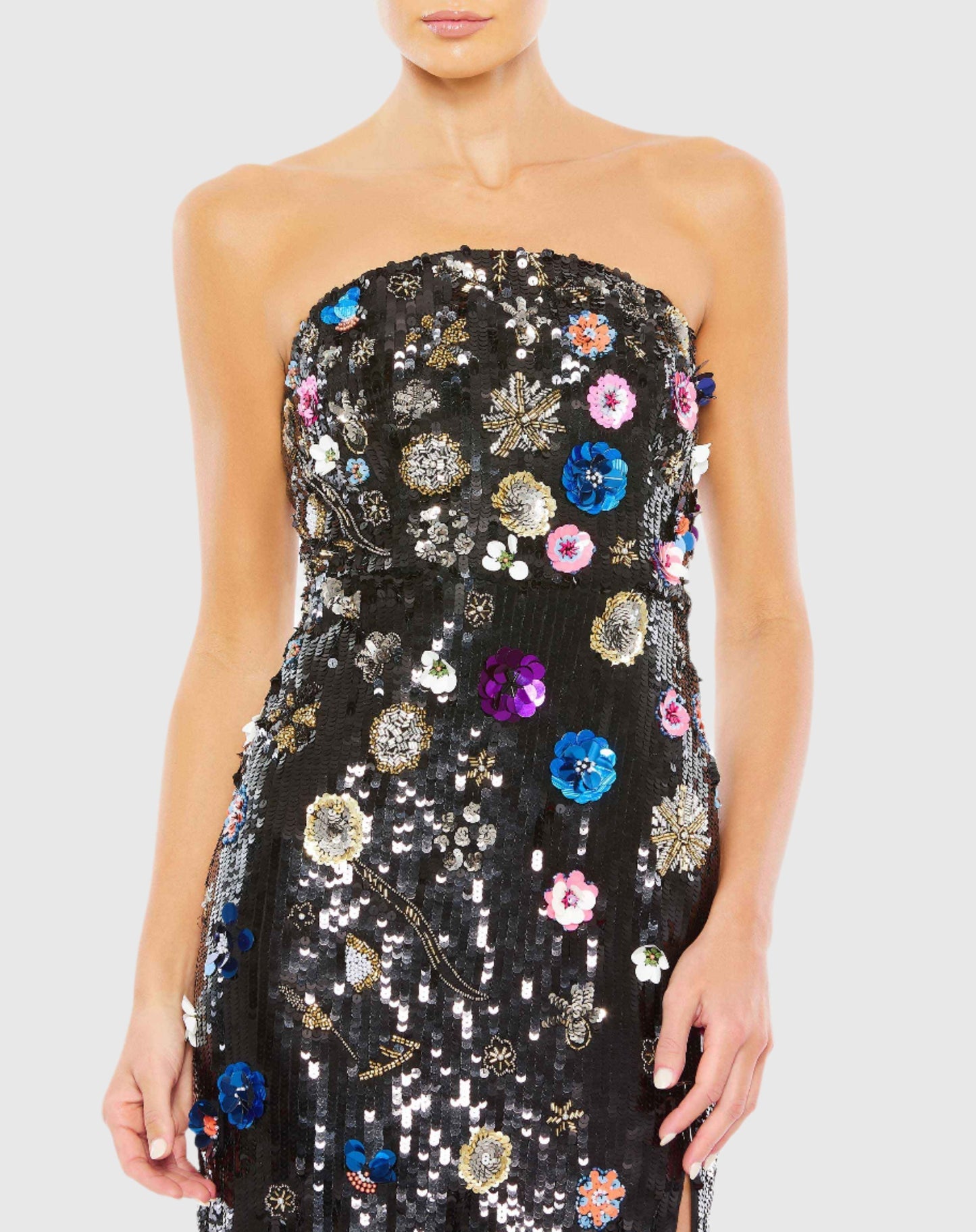 Floral sequin strapless column gown - Black