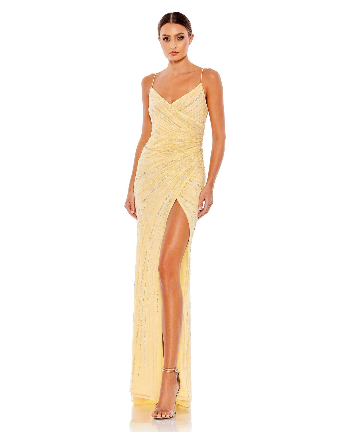 Mac Duggal Style #93733 Beaded sleeveless wrap gown - Buttercream
