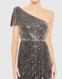 Pearl embellished soft tie one shoulder gown - White