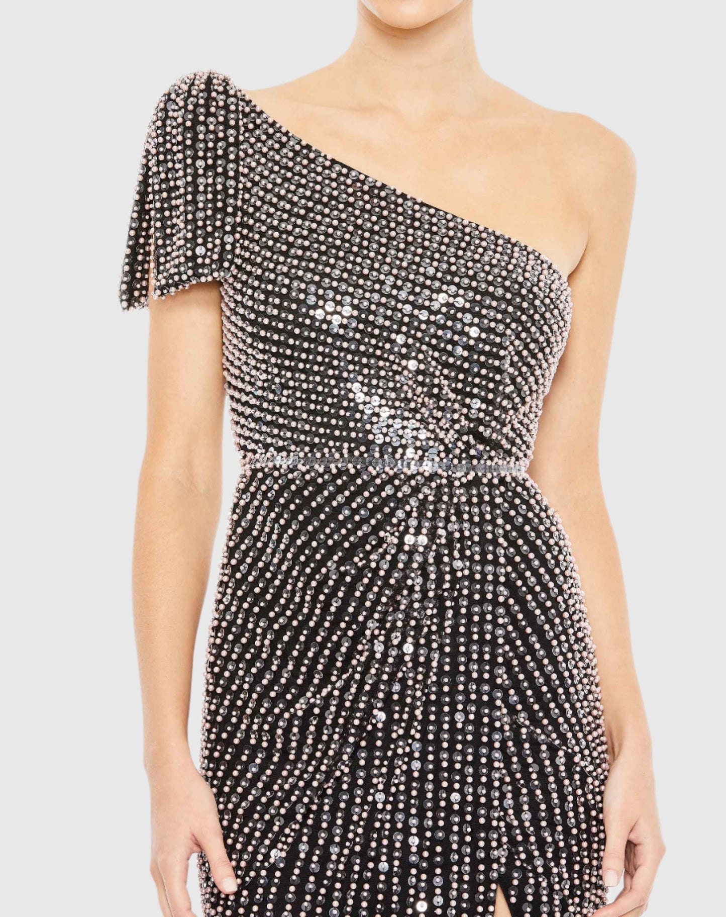 Pearl embellished soft tie one shoulder gown - White