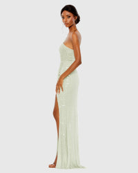 Pearl embellished soft tie one shoulder gown - White