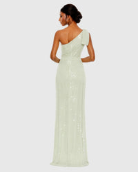 Pearl embellished soft tie one shoulder gown - White