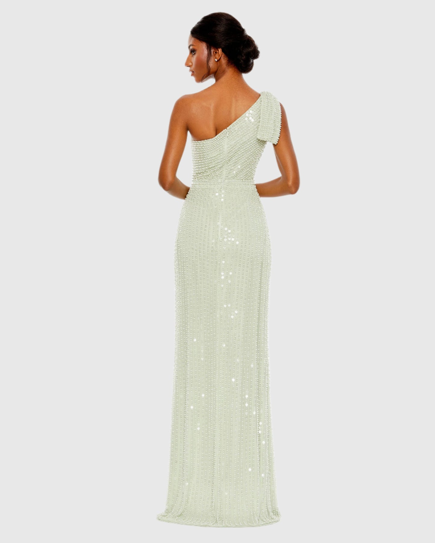 Pearl embellished soft tie one shoulder gown - White