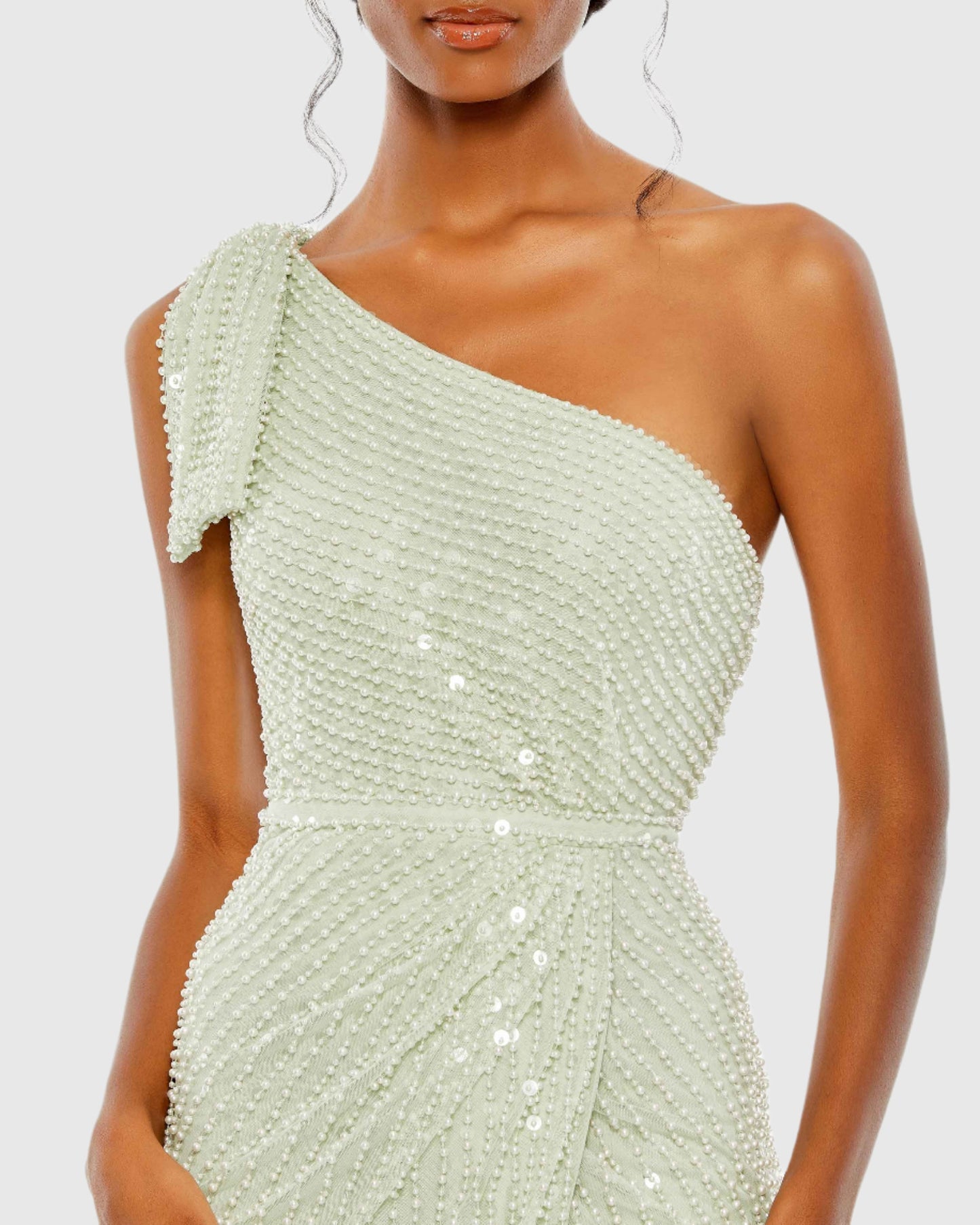 Pearl embellished soft tie one shoulder gown - White