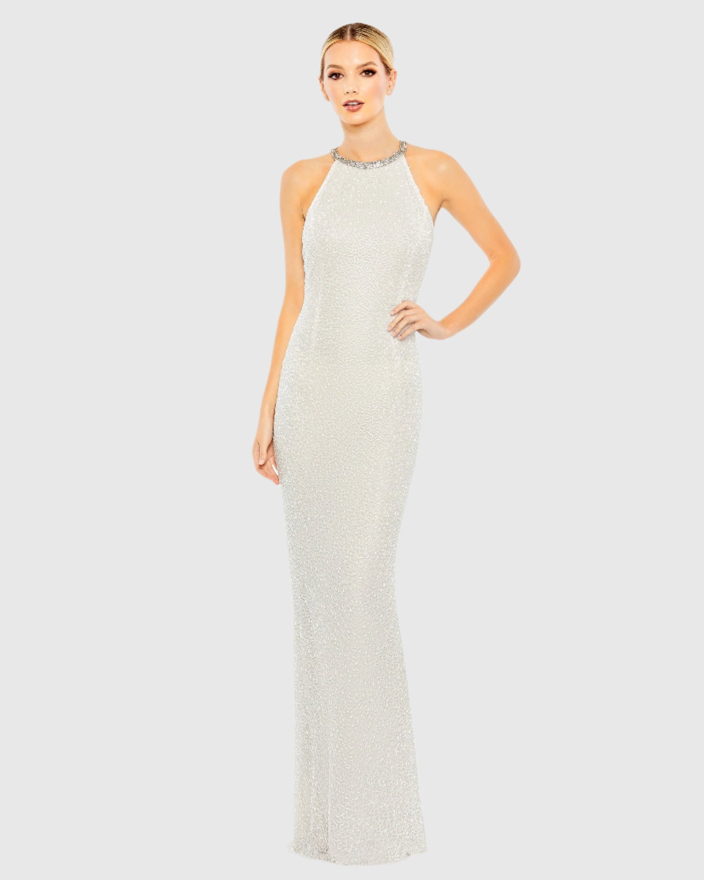 Mac Duggal, White Beaded Sleeveless High Neck Column Gown #93742