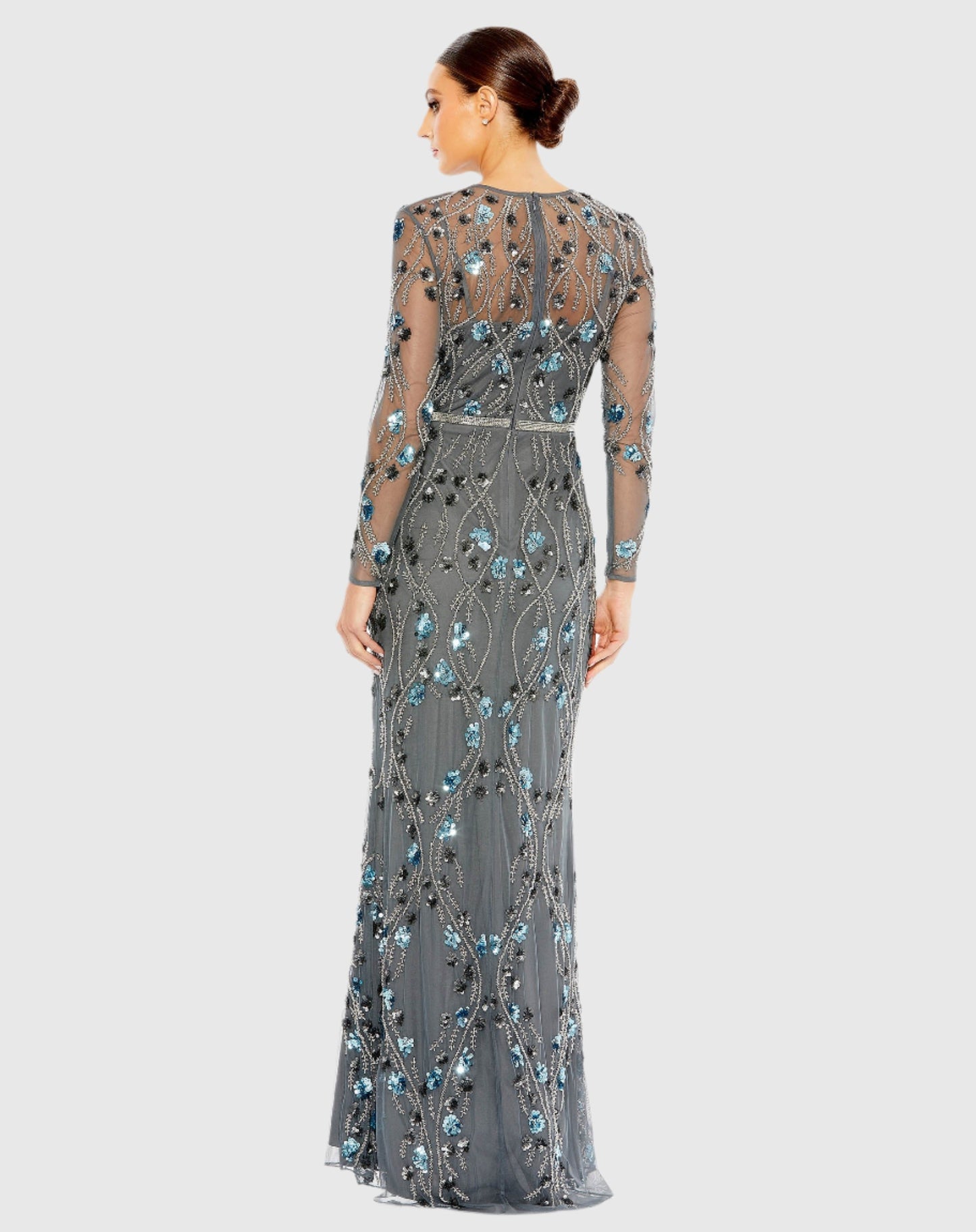 Floral Embellished Long Sleeve Gown - Charcoal