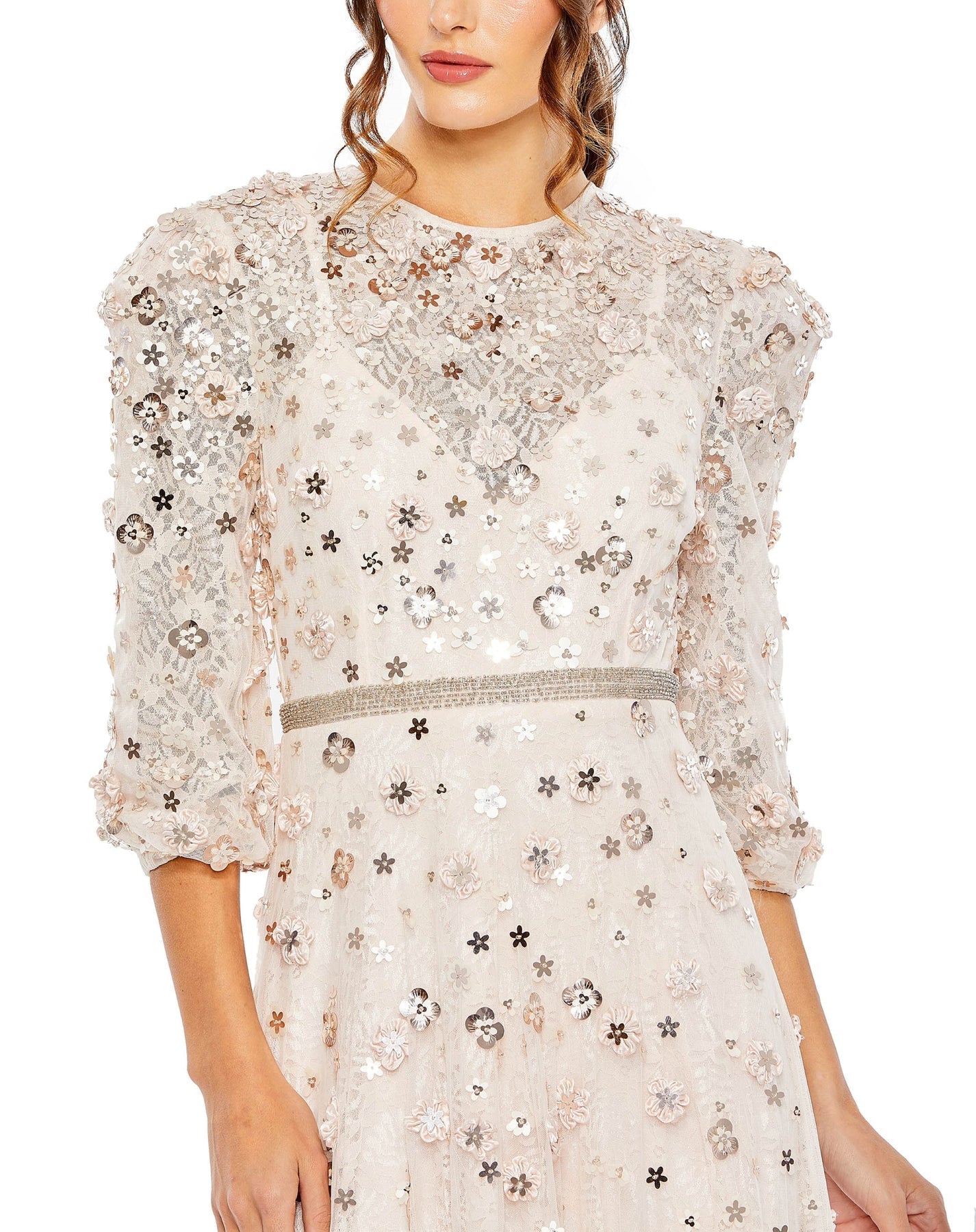 mac duggal, FLORAL APPLIQUE PUFF SLEEVE HIGH NECK A-LINE modest GOWN, Style #93805, blush