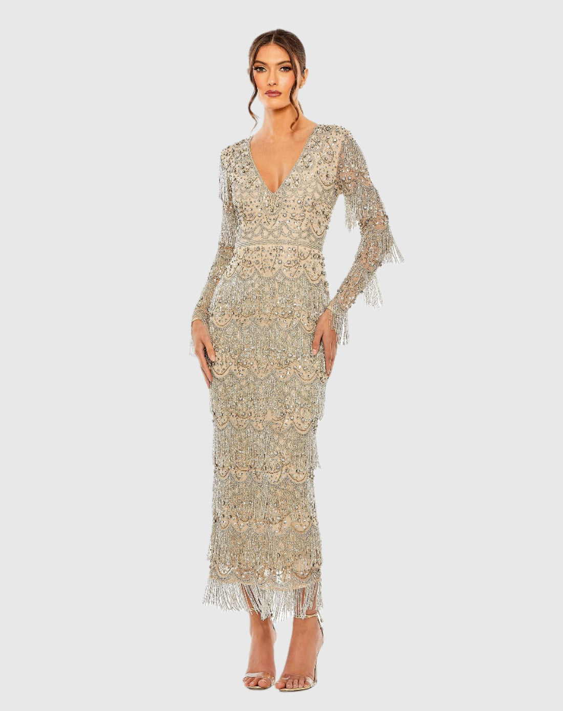 Mac Duggal V Neck Beaded Fringe Embellished Dress #93861 Nude Silver