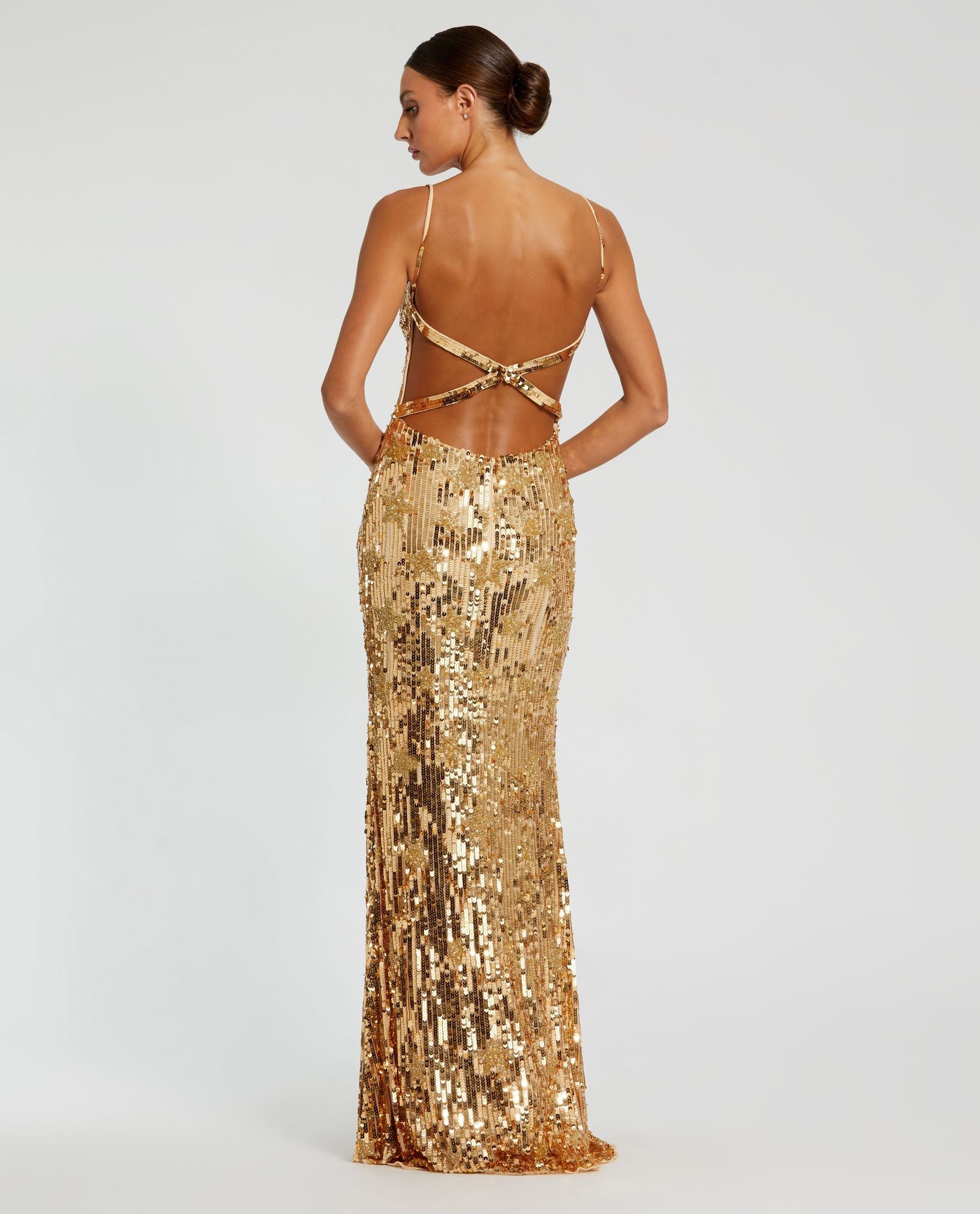 Spaghetti strap sequin embellished criss cross gown - Gold