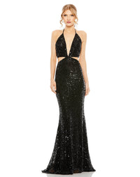 CUT OUT HALTER TIE BACK SEQUIN GOWN Black Style #93977