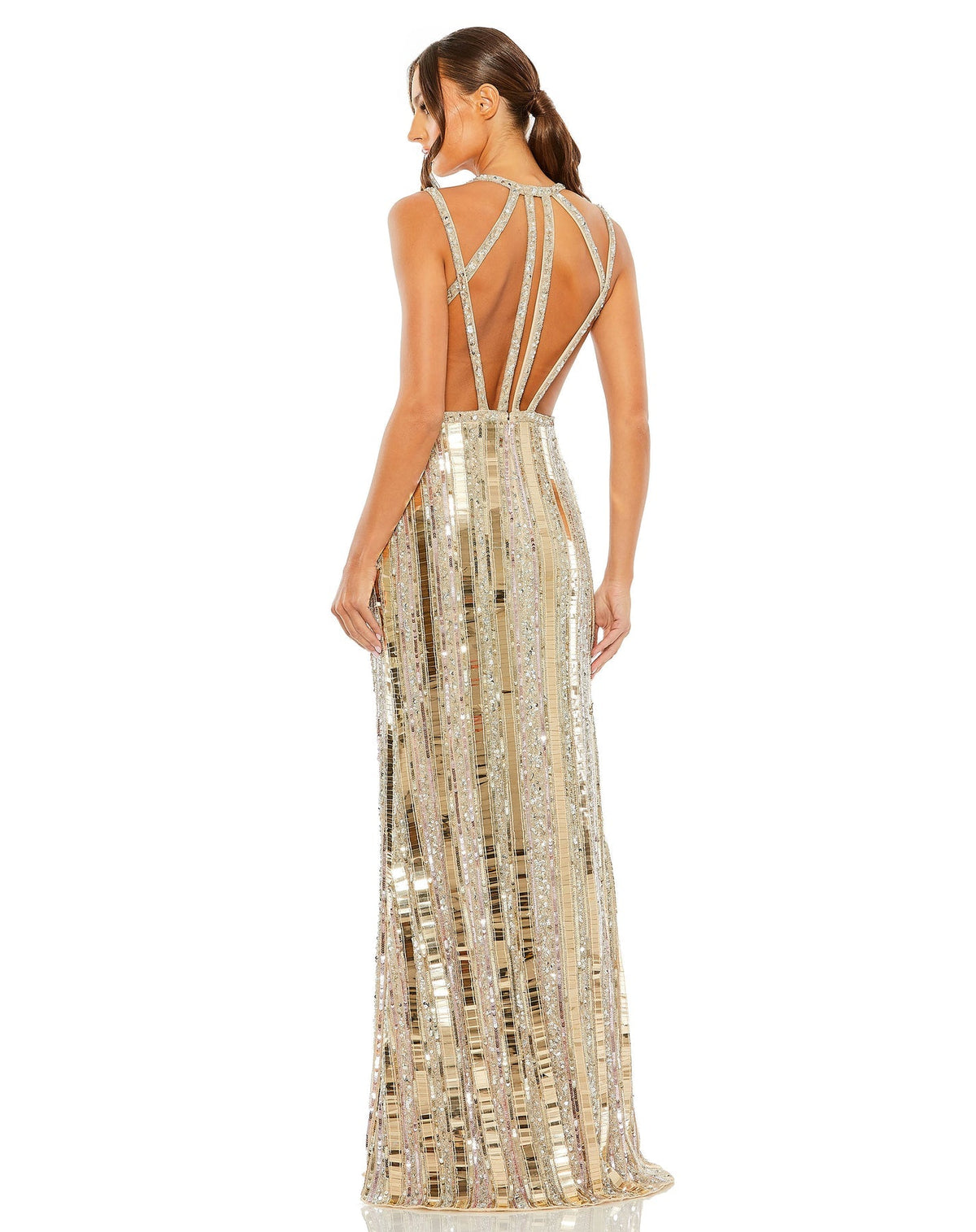 Mac Duggal Style #93981 Halter neck embellished detailed back gown - gold back