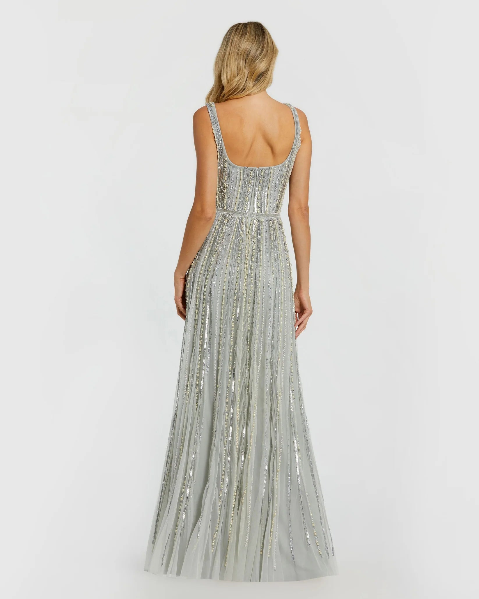 Scoop Neck A-Line Gown With Striped Beading - Powder Blue