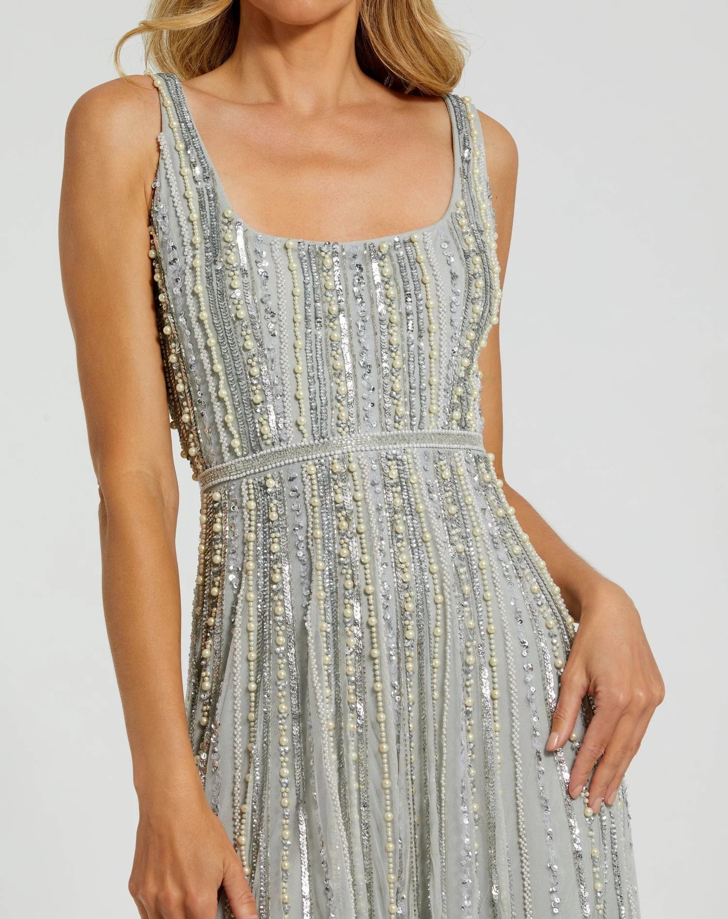 Scoop Neck A-Line Gown With Striped Beading - Powder Blue