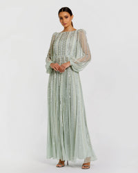 Boat Neck Long Sleeve Gown With Striped Beading - Peach